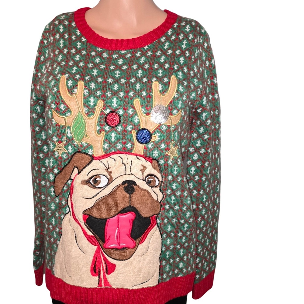 Blizzard Bay Pug Reindeer Ugly Christmas Sweater Women's L 14 16 Festive Holiday